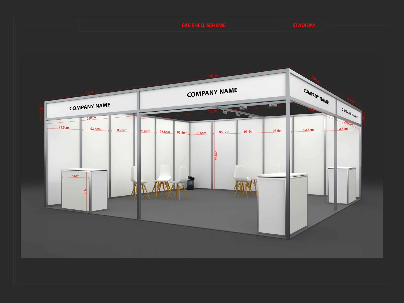 6x6 exhibition booth mockup with fascia and furniture